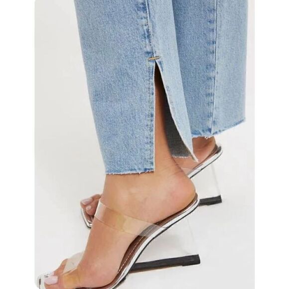 GOOD AMERICAN Good Boy Blue Straight Leg Raw Hem w/Slit Women's 24 plus New - Picture 3 of 11